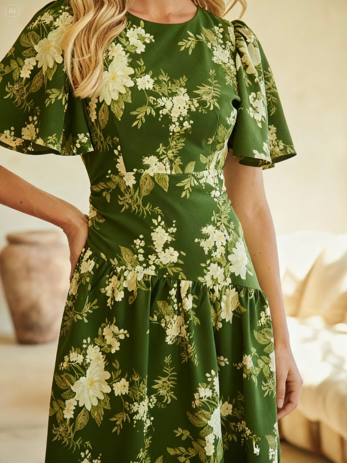 Vestido Corrugado Cadera Verde Flores