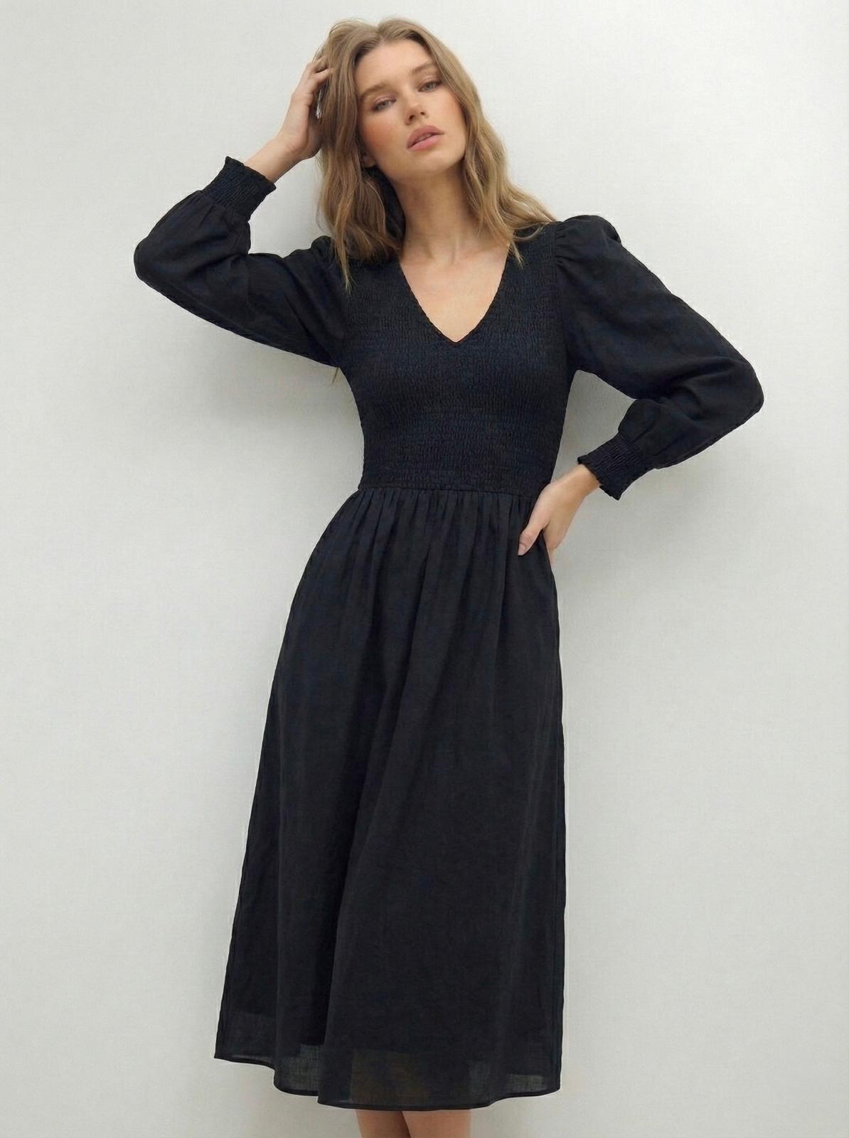 Vestido midi de voile de algodón con mangas largas