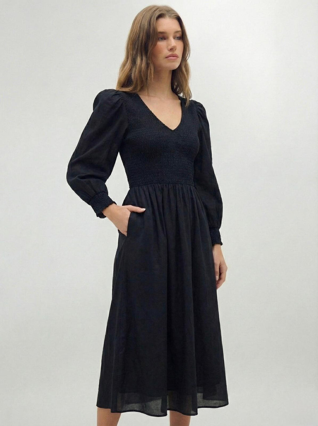 Vestido midi de voile de algodón con mangas largas