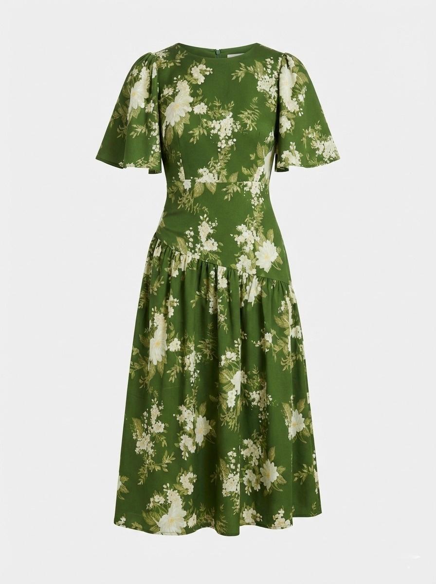 Vestido Corrugado Cadera Verde Flores