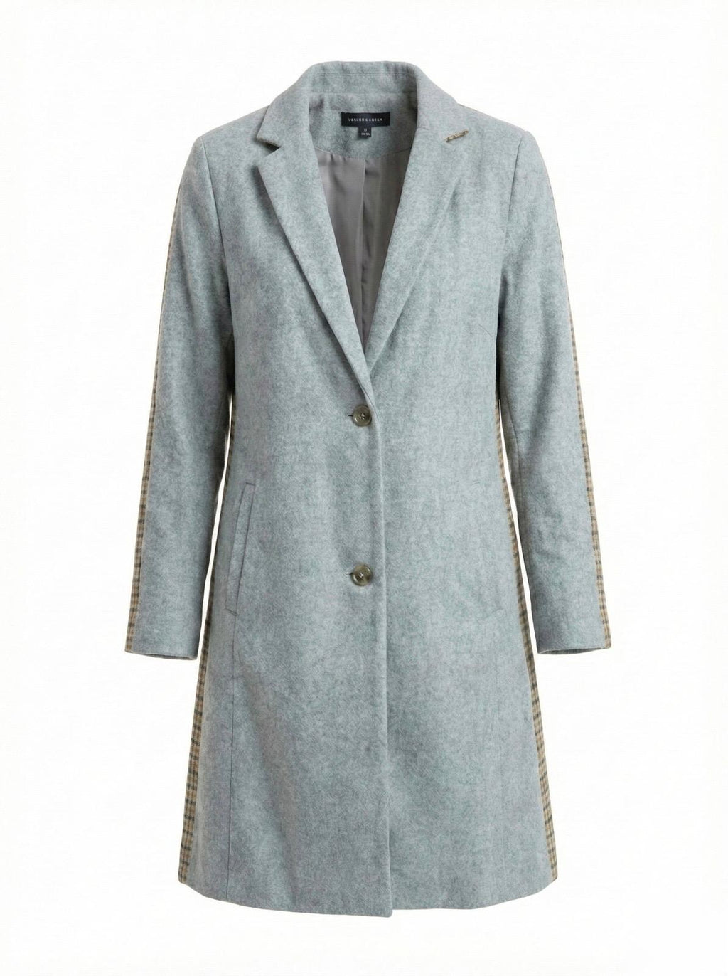 Abrigo tres cuartos de lana gris con contraste de tartán.